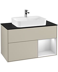 Villeroy und Boch Finion Villeroy und Boch F372MTHH 100cm, plaque de finition noir mat, étagère à droite laqué blanc mat, Sand Matt Lacquer