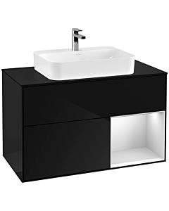 Villeroy und Boch Finion Waschtischunterschrank F372MTPH 100cm, Abdeckplatte black matt, Regal rechts White matt lacquer, Glossy Black Lacquer