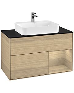 Villeroy und Boch Finion Waschtischunterschrank F372PCPC 100cm, Abdeckplatte black matt, Regal rechts Oak Veneer, Oak Veneer