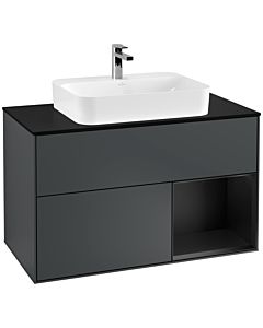 Villeroy und Boch Finion Villeroy und Boch F372PDHG 100cm, plaque de finition noir mat, étagère à droite laqué noir mat, Midnight Blue Matt Lacquer