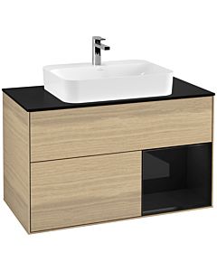 Villeroy und Boch Finion Waschtischunterschrank F372PHPC 100cm, Abdeckplatte black matt, Regal rechts Glossy Black Lacquer, Oak Veneer