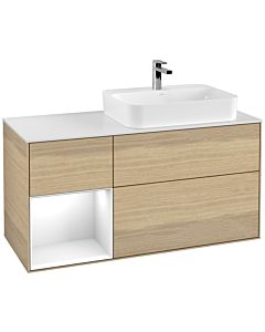 Villeroy und Boch Finion Villeroy und Boch F391GFPC 120cm, plaque de finition blanc mat, étagère gauche laqué blanc brillant, Oak Veneer