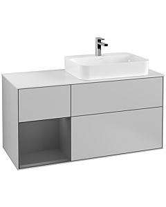 Villeroy und Boch Finion Waschtischunterschrank F391GKGJ 120cm, Abdeckplatte white matt, Regal links Anthracite matt, Light grey matt