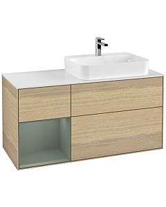 Villeroy und Boch Finion Waschtischunterschrank F391GMPC 120cm, Abdeckplatte white matt, Regal links Olive Matt Lacquer, Oak Veneer