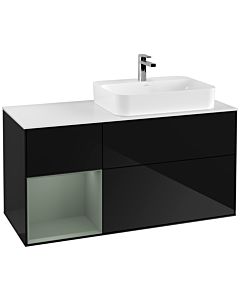 Villeroy und Boch Finion Waschtischunterschrank F391GMPH 120cm, Abdeckplatte white matt, Regal links Olive Matt Lacquer, Glossy Black Lacquer