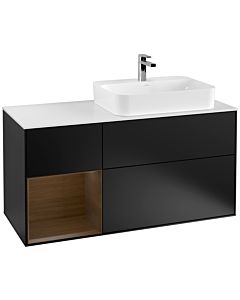 Villeroy und Boch Finion Waschtischunterschrank F391GNPD 120cm, Abdeckplatte white matt, Regal links Walnut veneer, Black matt lacquer