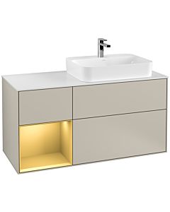 Villeroy und Boch Finion Villeroy und Boch F391HFHH 120cm, plaque de recouvrement blanc mat, étagère gauche or mat, Sand Matt Lacquer