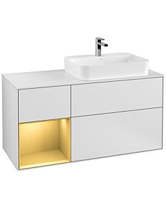Villeroy und Boch Finion Waschtischunterschrank F391HFMT 120cm, Abdeckplatte white matt, Regal links Gold matt, White matt lacquer