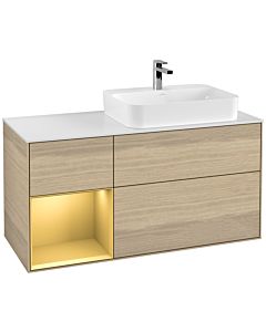 Villeroy und Boch Finion Waschtischunterschrank F391HFPC 120cm, Abdeckplatte white matt, Regal links Gold matt, Oak Veneer