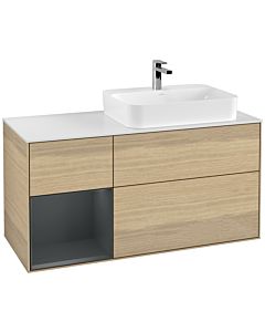 Villeroy und Boch Finion Waschtischunterschrank F391HGPC 120cm, Abdeckplatte white matt, Regal links Midnight Blue Matt Lacquer, Oak Veneer
