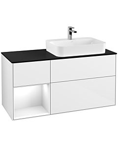Villeroy und Boch Finion Waschtischunterschrank F392GFGF 120cm, Abdeckplatte black matt, Regal links Glossy white lacquer, Glossy white lacquer