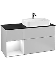 Villeroy und Boch Finion Villeroy und Boch F392GFGJ 120cm, plaque de finition noir mat, étagère gauche laqué blanc brillant, gris clair mat