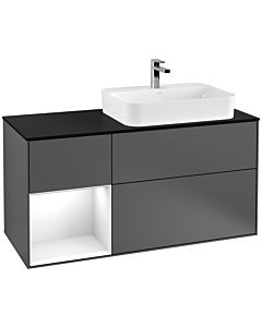Villeroy und Boch Finion Waschtischunterschrank F392GFGK 120cm, Abdeckplatte black matt, Regal links Glossy white lacquer, Anthracite matt