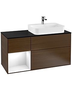 Villeroy und Boch Finion Waschtischunterschrank F392GFGN 120cm, Abdeckplatte black matt, Regal links Glossy white lacquer, Walnut veneer