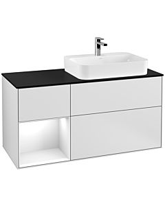 Villeroy und Boch Finion Villeroy und Boch F392GFMT 120cm, plaque de finition noir mat, étagère gauche laqué blanc brillant, laqué blanc mat