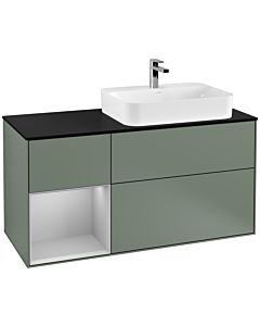 Villeroy und Boch Finion Waschtischunterschrank F392GJGM 120cm, Abdeckplatte black matt, Regal links Light grey matt, Olive Matt Lacquer