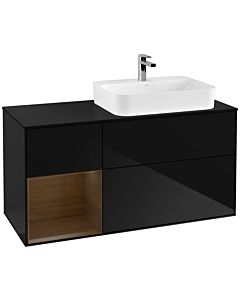 Villeroy und Boch Finion Waschtischunterschrank F392GNPH 120cm, Abdeckplatte black matt, Regal links Walnut veneer, Glossy Black Lacquer