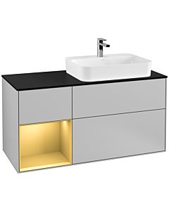 Villeroy und Boch Finion Waschtischunterschrank F392HFGJ 120cm, Abdeckplatte black matt, Regal links Gold matt, Light grey matt