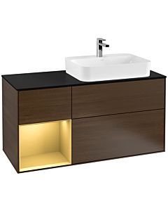 Villeroy und Boch Finion Waschtischunterschrank F392HFGN 120cm, Abdeckplatte black matt, Regal links Gold matt, Walnut veneer