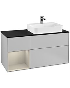 Villeroy und Boch Finion Waschtischunterschrank F392HHGJ 120cm, Abdeckplatte black matt, Regal links Sand Matt Lacquer, Light grey matt