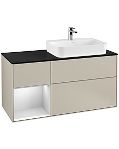 Villeroy und Boch Finion Waschtischunterschrank F392MTHH 120cm, Abdeckplatte black matt, Regal links White matt lacquer, Sand Matt Lacquer