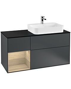 Villeroy und Boch Finion Waschtischunterschrank F392PCHG 120cm, Abdeckplatte black matt, Regal links Oak Veneer, Midnight Blue Matt Lacquer