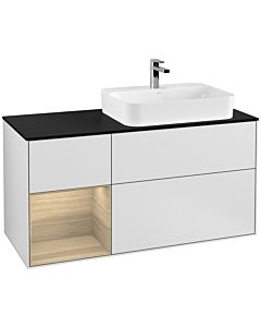Villeroy und Boch Finion Waschtischunterschrank F392PCMT 120cm, Abdeckplatte black matt, Regal links Oak Veneer, White matt lacquer