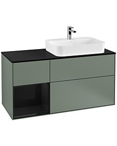 Villeroy und Boch Finion Waschtischunterschrank F392PHGM 120cm, Abdeckplatte black matt, Regal links Glossy Black Lacquer, Olive Matt Lacquer