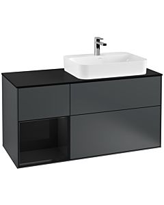 Villeroy und Boch Finion Waschtischunterschrank F392PHHG 120cm, Abdeckplatte black matt, Regal links Glossy Black Lacquer, Midnight Blue Matt Lacquer