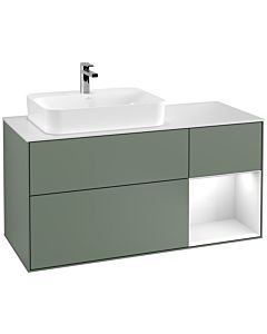 Villeroy und Boch Finion Villeroy und Boch F401GFGM 120cm, plaque de finition blanc mat, étagère à droite Laque blanc brillant, Olive Matt Lacquer
