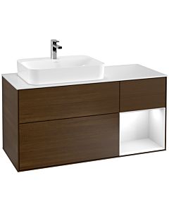 Villeroy und Boch Finion Villeroy und Boch F401GFGN 120cm, plaque de finition blanc mat, étagère à droite laqué blanc brillant, placage noyer