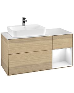 Villeroy und Boch Finion Villeroy und Boch F401GFPC 120cm, plaque de finition blanc mat, étagère à droite laqué blanc brillant, Oak Veneer