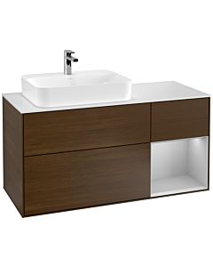 Villeroy und Boch Finion Waschtischunterschrank F401GJGN 120cm, Abdeckplatte white matt, Regal rechts Light grey matt, Walnut veneer