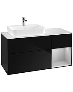 Villeroy und Boch Finion Villeroy und Boch F401GJPH 120cm, plaque de finition blanc mat, étagère à droite gris clair mat, Glossy Black Lacquer