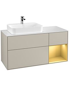 Villeroy und Boch Finion Waschtischunterschrank F401HFHH 120cm, Abdeckplatte white matt, Regal rechts Gold matt, Sand Matt Lacquer