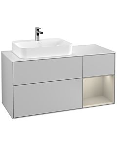 Villeroy und Boch Finion Waschtischunterschrank F401HHGJ 120cm, Abdeckplatte white matt, Regal rechts Sand Matt, Light grey matt