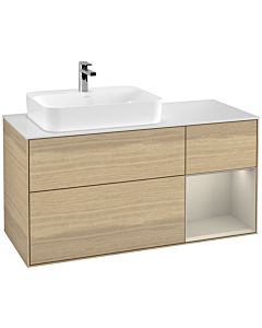 Villeroy und Boch Finion Waschtischunterschrank F401HHPC 120cm, Abdeckplatte white matt, Regal rechts Sand Matt, Oak Veneer