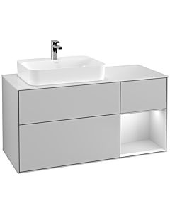 Villeroy und Boch Finion Waschtischunterschrank F401MTGJ 120cm, Abdeckplatte white matt, Regal rechts White matt lacquer, Light grey matt