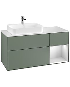 Villeroy und Boch Finion Waschtischunterschrank F401MTGM 120cm, Abdeckplatte white matt, Regal rechts White matt lacquer, Olive Matt Lacquer