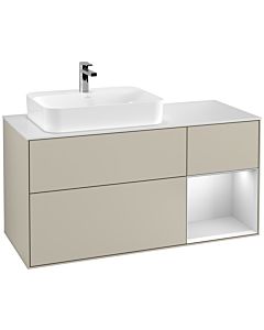 Villeroy und Boch Finion Villeroy und Boch F401MTHH 120cm, plaque de recouvrement blanc mat, étagère à droite laqué blanc mat, Sand Matt Lacquer