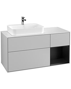 Villeroy und Boch Finion Waschtischunterschrank F401PDGJ 120cm, Abdeckplatte white matt, Regal rechts Black matt lacquer, Light grey matt