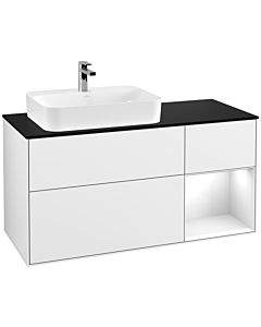 Villeroy und Boch Finion Waschtischunterschrank F402GFGF 120cm, Abdeckplatte black matt, Regal rechts Glossy white lacquer, Glossy white lacquer