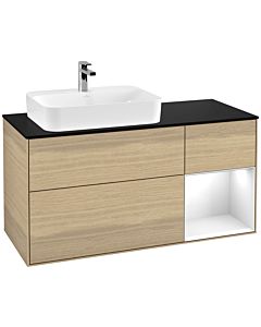 Villeroy und Boch Finion Waschtischunterschrank F402GFPC 120cm, Abdeckplatte black matt, Regal rechts Glossy white lacquer, Oak Veneer