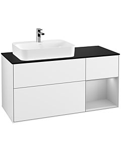 Villeroy und Boch Finion Waschtischunterschrank F402GJGF 120cm, Abdeckplatte black matt, Regal rechts Light grey matt, Glossy white lacquer