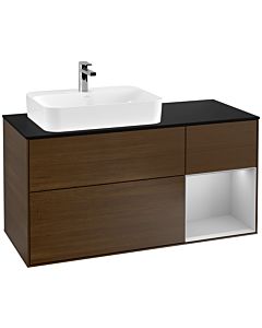Villeroy und Boch Finion Waschtischunterschrank F402GJGN 120cm, Abdeckplatte black matt, Regal rechts Light grey matt, Walnut veneer