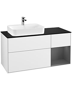 Villeroy und Boch Finion Waschtischunterschrank F402GKGF 120cm, Abdeckplatte black matt, Regal rechts Anthracite matt, Glossy white lacquer