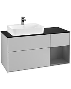 Villeroy und Boch Finion Waschtischunterschrank F402GKGJ 120cm, Abdeckplatte black matt, Regal rechts Anthracite matt, Light grey matt