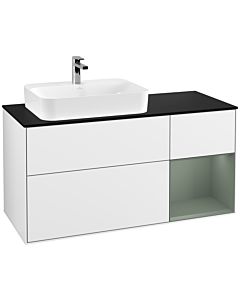 Villeroy und Boch Finion Waschtischunterschrank F402GMGF 120cm, Abdeckplatte black matt, Regal rechts Olive Matt Lacquer, Glossy white lacquer