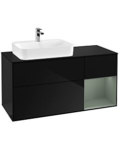 Villeroy und Boch Finion Waschtischunterschrank F402GMPH 120cm, Abdeckplatte black matt, Regal rechts Olive Matt Lacquer, Glossy Black Lacquer