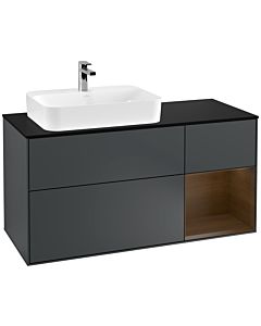 Villeroy und Boch Finion Waschtischunterschrank F402GNHG 120cm, Abdeckplatte black matt, Regal rechts Walnut veneer, Midnight Blue Matt Lacquer